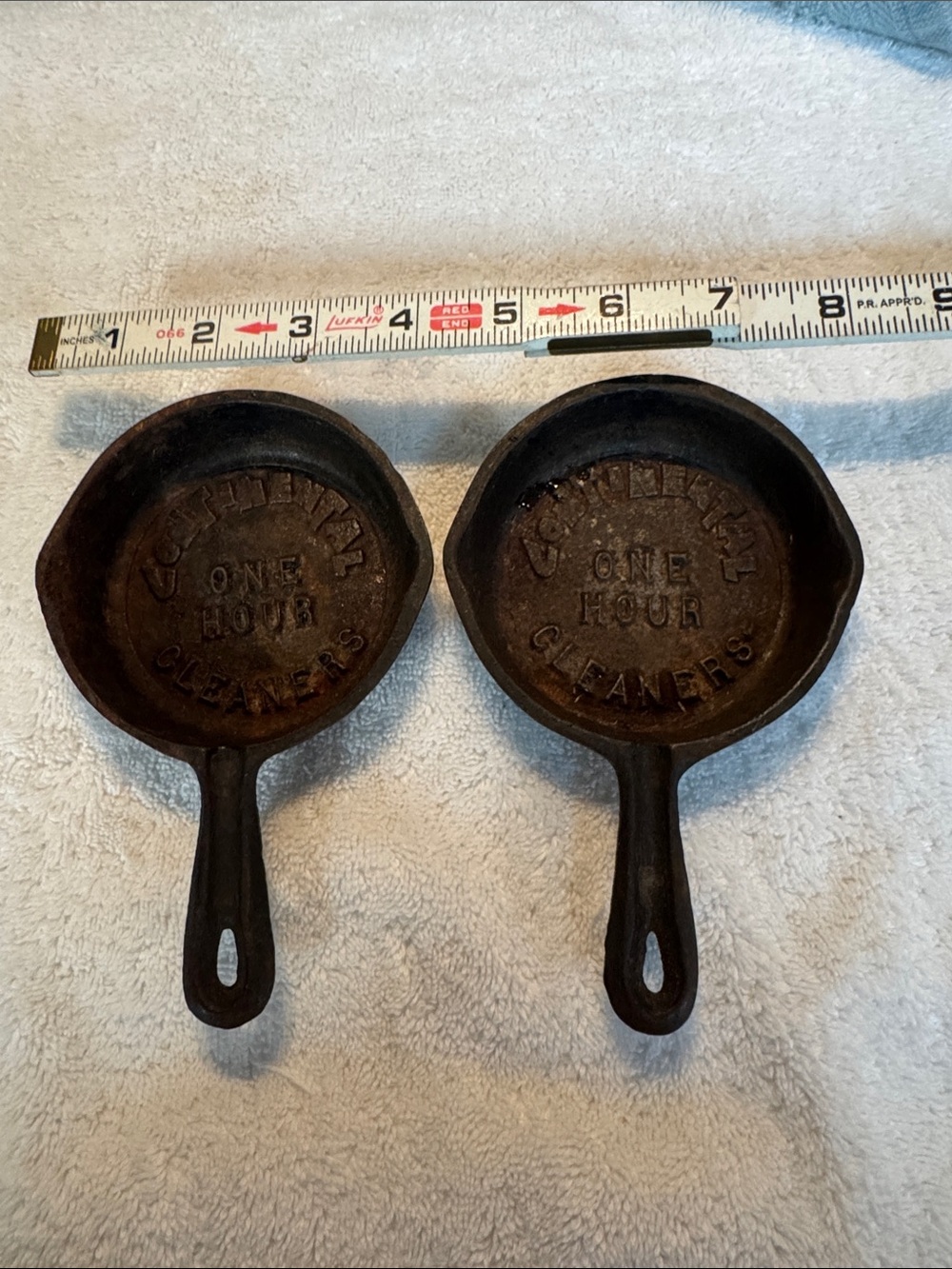 Brown Cast Iron Mini Skillet Pair / Advertising Continental Cleaners